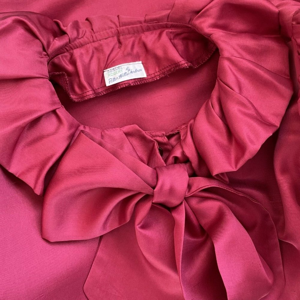 Vintage 1970’s Cranberry Silk Pussy Bow Blouse Samuel Roberts Puff Sleeve Top - Picture 8 of 9